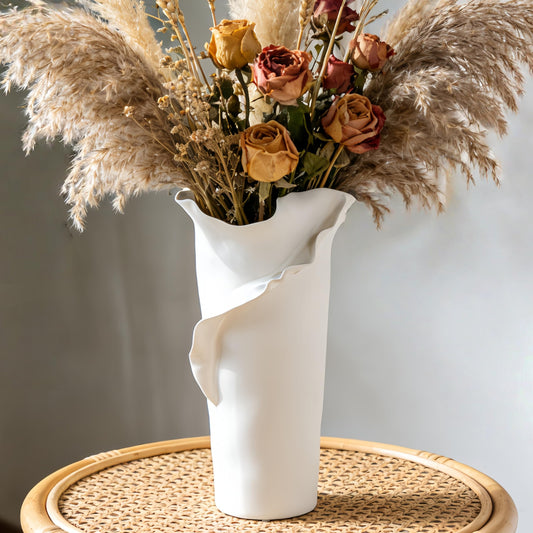 Abstract Irregular Ceramic Vase, White Irregular Pottery Vase, Handmade Decorative Minimalist Flower Vases for Modern Home, Tabletop, Shelf & Office