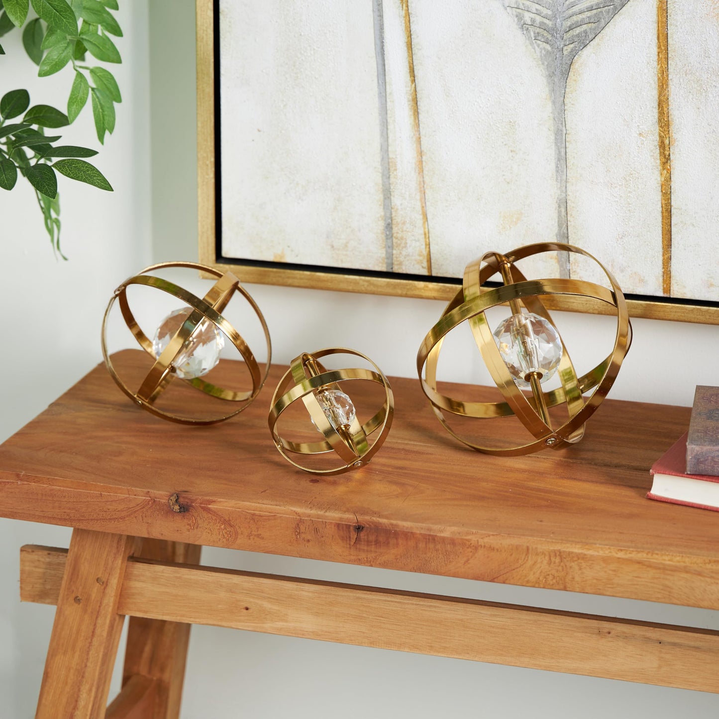 Deco 79 Metal Geometric Decorative Sculpture Orb Home Decor Statues with Acrylic Center, Set of 3 Accent Figurines 8", 6", 4"D, Gold