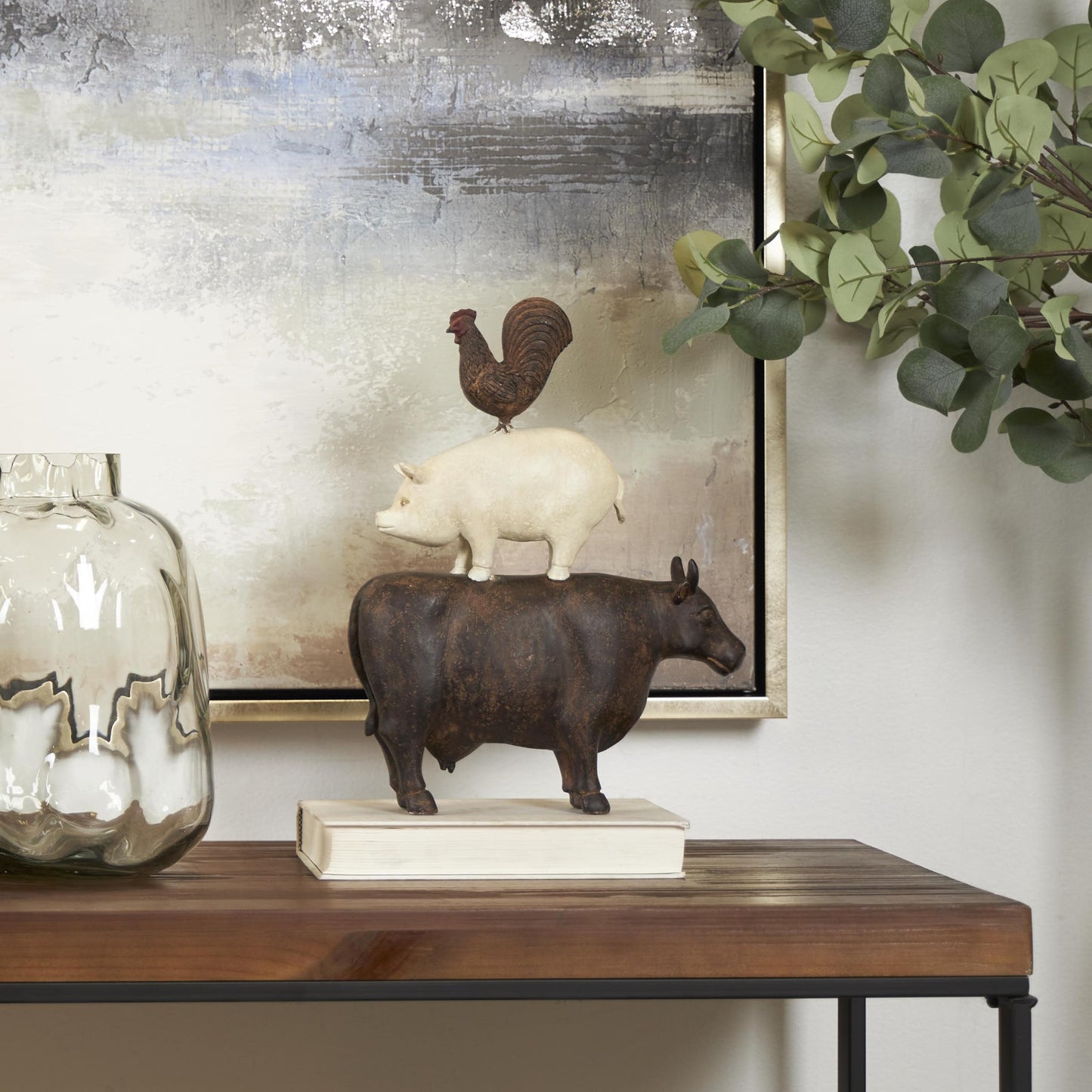 Deco 79 Polystone Farm Animals Decorative Sculpture Stacked Home Decor Statue, Accent Figurine 11" x 3" x 14", Brown
