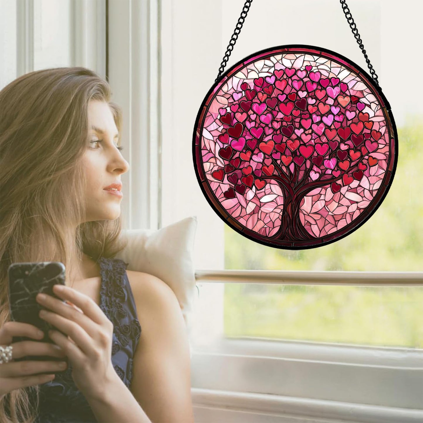 Stained Glass Window Hanging, Birthday Gifts for Women Mom Grandma Nana Wife Couple, Pink Love Tree Suncatcher for Doors Window Home Sun Catchers Gifts Decor 7.8 in