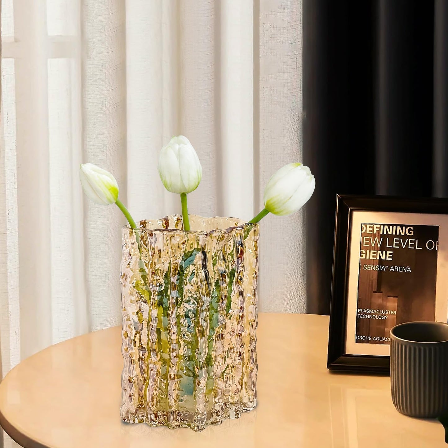 Aoderun Glass Vase Crystal Vase Heavy Duty Large Flower Vase for Dining Table Kitchen Office Home Shelf Wedding Living Room Centerpieces(Amber)