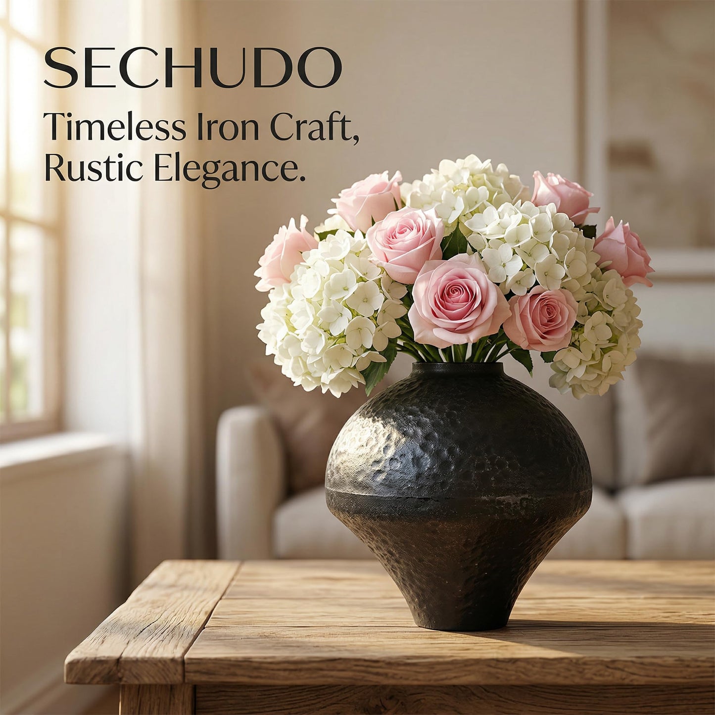 SECHUDO Unique Handmade Cast Iron Vase for Dried Flowers or Pampas Grass, Heavy and Durable Wabi Sabi Vases, Matte Black Vase for Modern, Rustic and Farmhouse Decor (Matte Black, 7" W×7" H)
