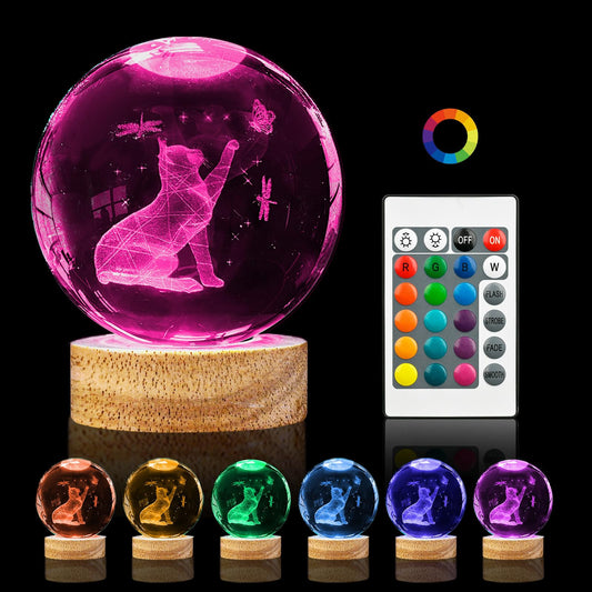 PYMIN3D 3D Crystal Cat Ball Night Light 3.15in K9 Lamp With 16 Colors Change Wooden Base and Remote Control Christmas Gifts for Cat Lovers Girl Women Friends