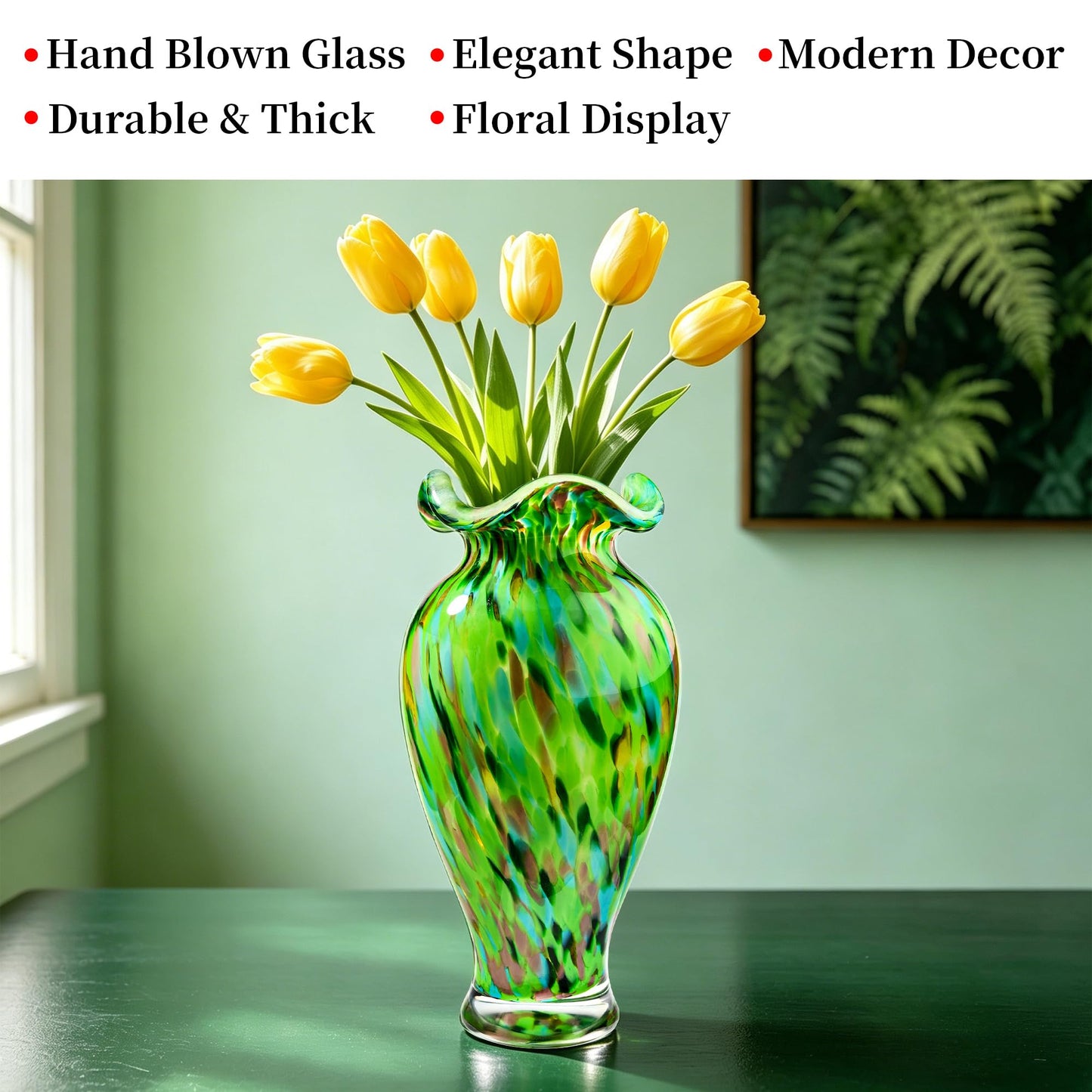 Hand Blown Glass Vase, 12 inch Tall Unique Emerald Green Crystal Flower Vase, Large Art Glass Home Table Centerpieces for Floral Bouquet Decorations