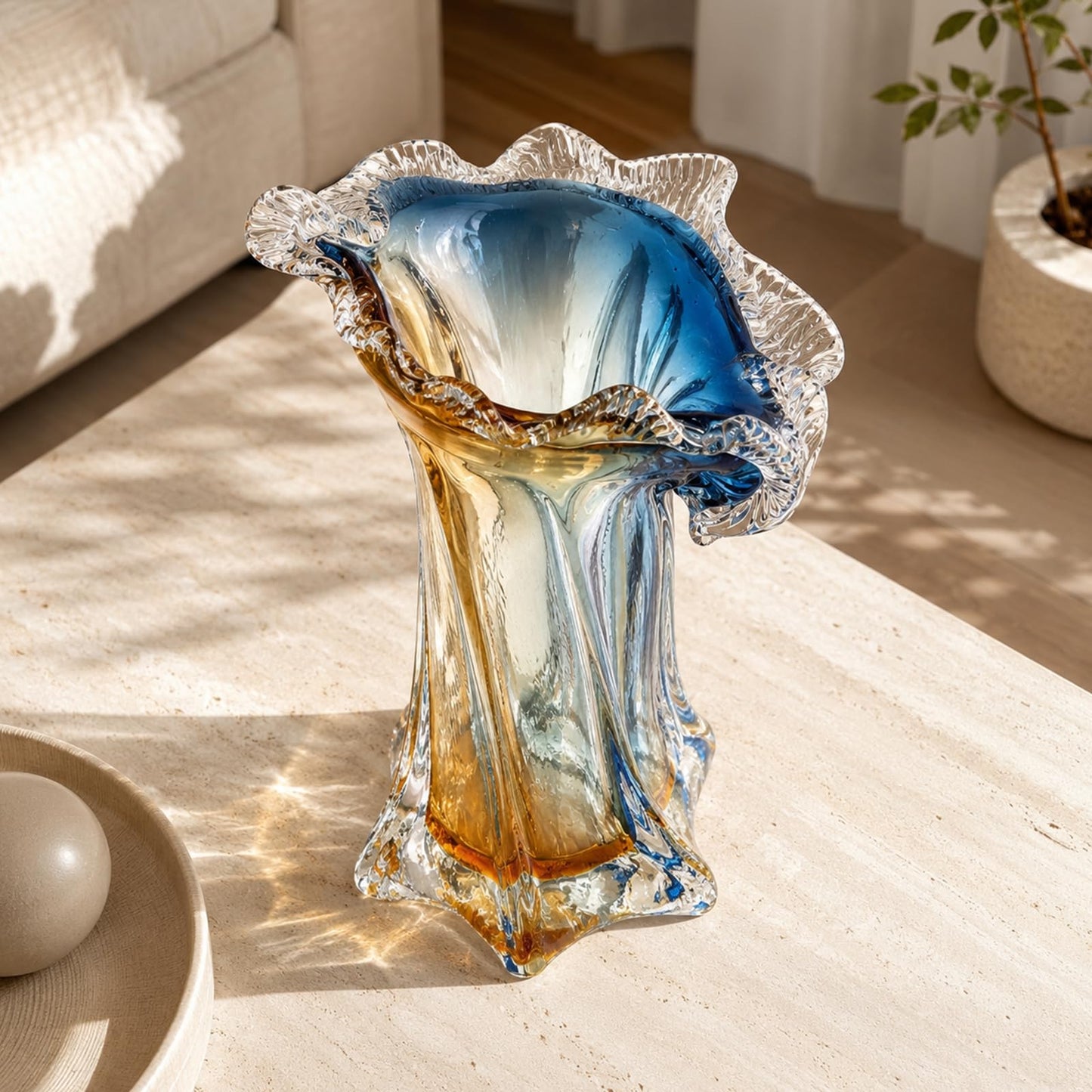 Turquoise Glass Hand Blown Vase, Teal Blue Gradient Modern Art Vase, Decorative Centerpiece for Home Decor,Blown Glass Centerpiece, Wide Mouth Floral Arrangement, Elegant Art Decor (S)