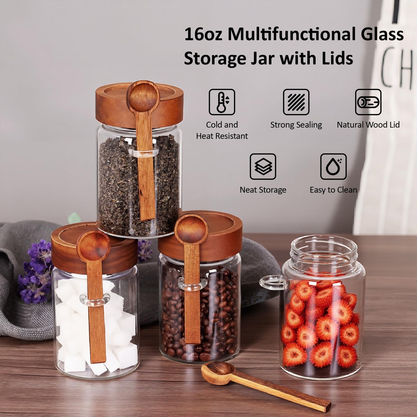 MOLADRI 15 oz/450 ml Glass Storage Canister with Airtight Wooden Lid, Clear Small Decorative Container Jar with Spoon for Salad Overnight Oats Snacks Yogurt Cereal Fruit Spice Sugar Coffee Candy Salt