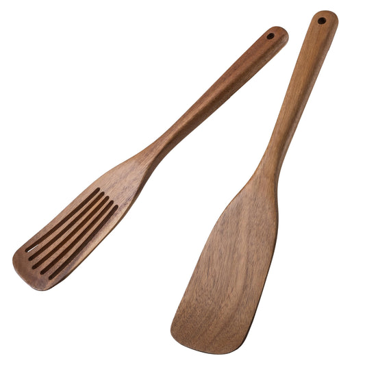Wooden Spatulas & Spurtle Sets of 2, 13.25" Durable Flat Turner and Slotted Spatula for Nonstick Cookware, Long Handle Natural Acacia Wooden Cooking Utensils, Kitchen Utensils Set for Cooking