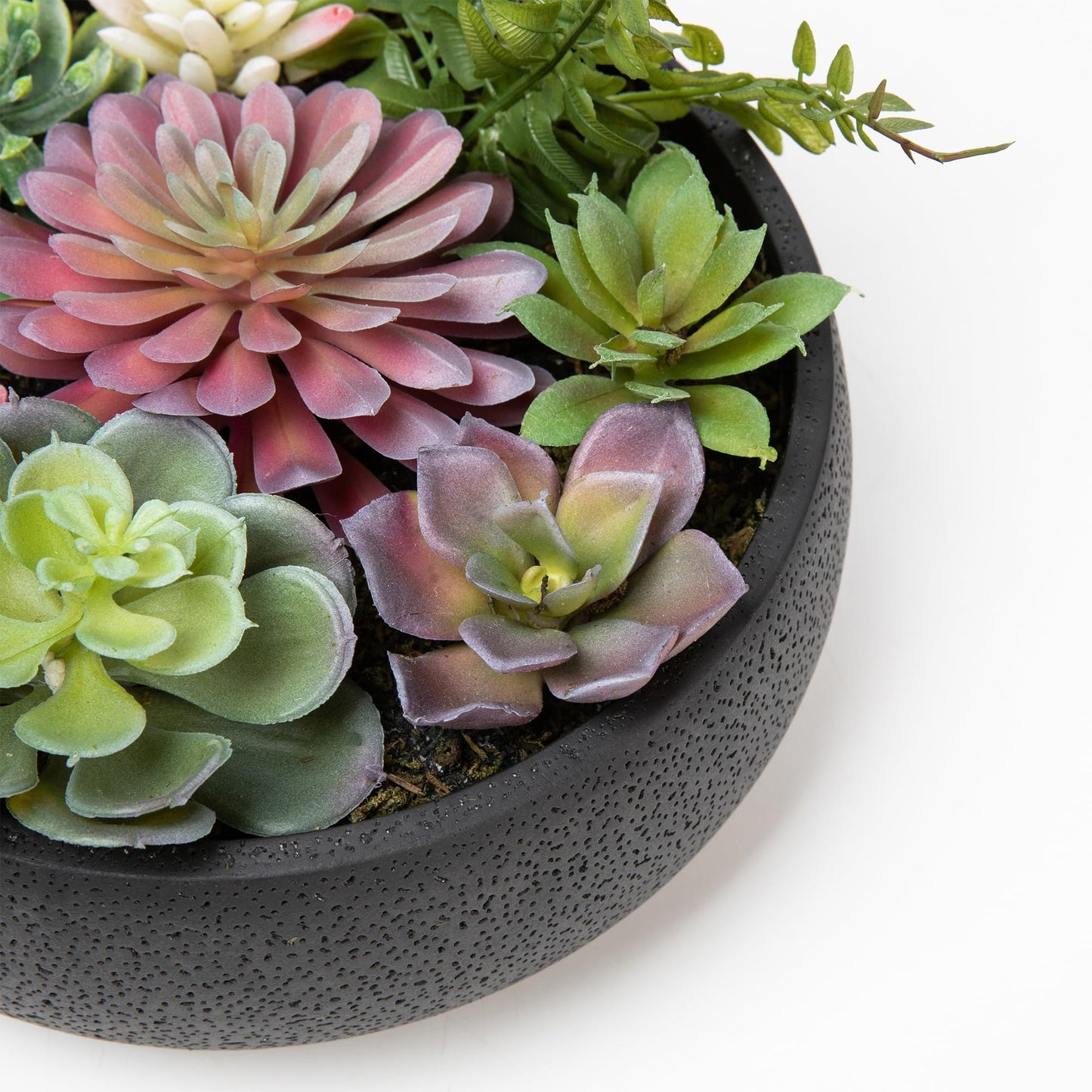 Nattol 8 Inch Round Modern Artificial Succulent Plant Arrangement, Assorted Fake Plants in Black Concrete Planter Bowl for Home Decoration