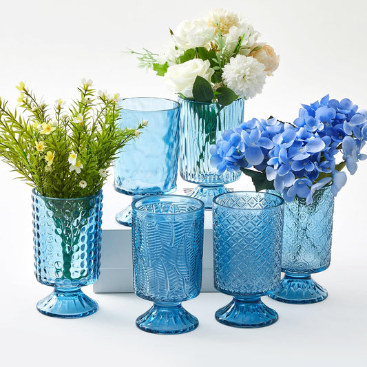 Ninehaoou 6 Pcs (H: 7" W: 4") Embossed Flower Vase Pedestal Glass Vase Big Base Thickened Crystal Vintage Vases for Wedding Party Home Decor Table Centerpiece House Warming Gifts (Blue,Classic)