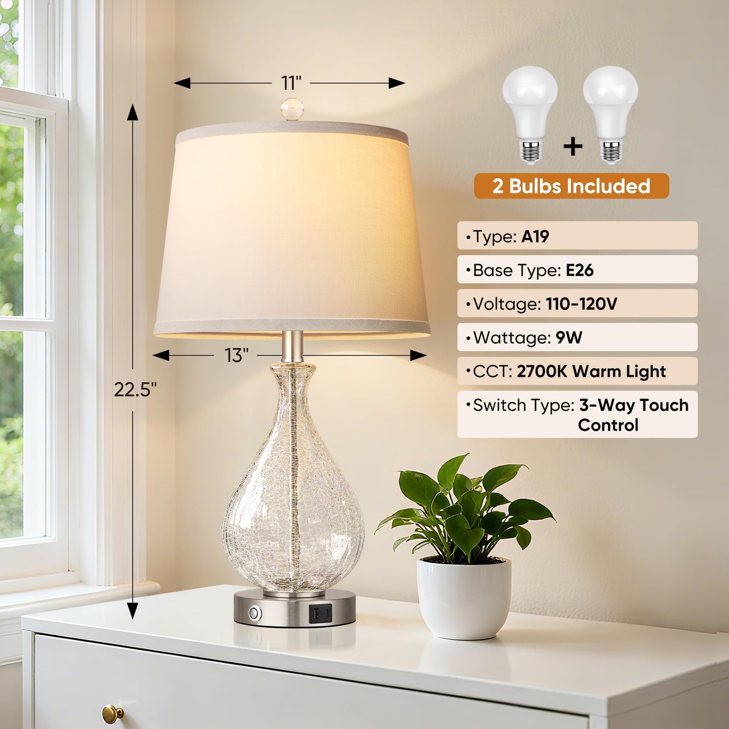 QiMH Glass Table Lamps for Living Room, Bedside Lamps Set of 2 with USB A+C Charging Ports, 3 Way Dimmable Touch Lamps for Nightstand, 22.5" Modern Table Lamp for Bedroom Office, LED Bulbs Included