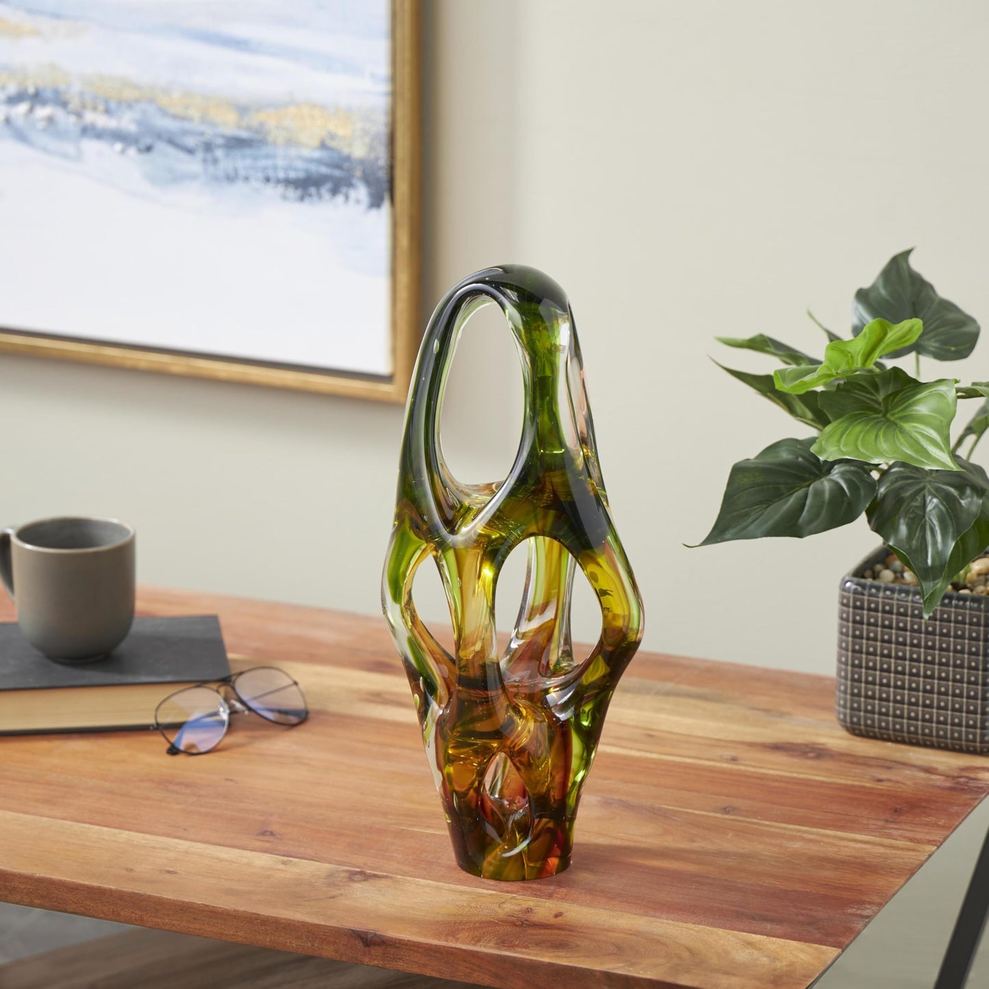 Deco 79 Glass Abstract Decorative Sculpture Ombre Cutout Home Decor Statue with Amber Accents, Accent Figurine 6" x 5" x 16", Green
