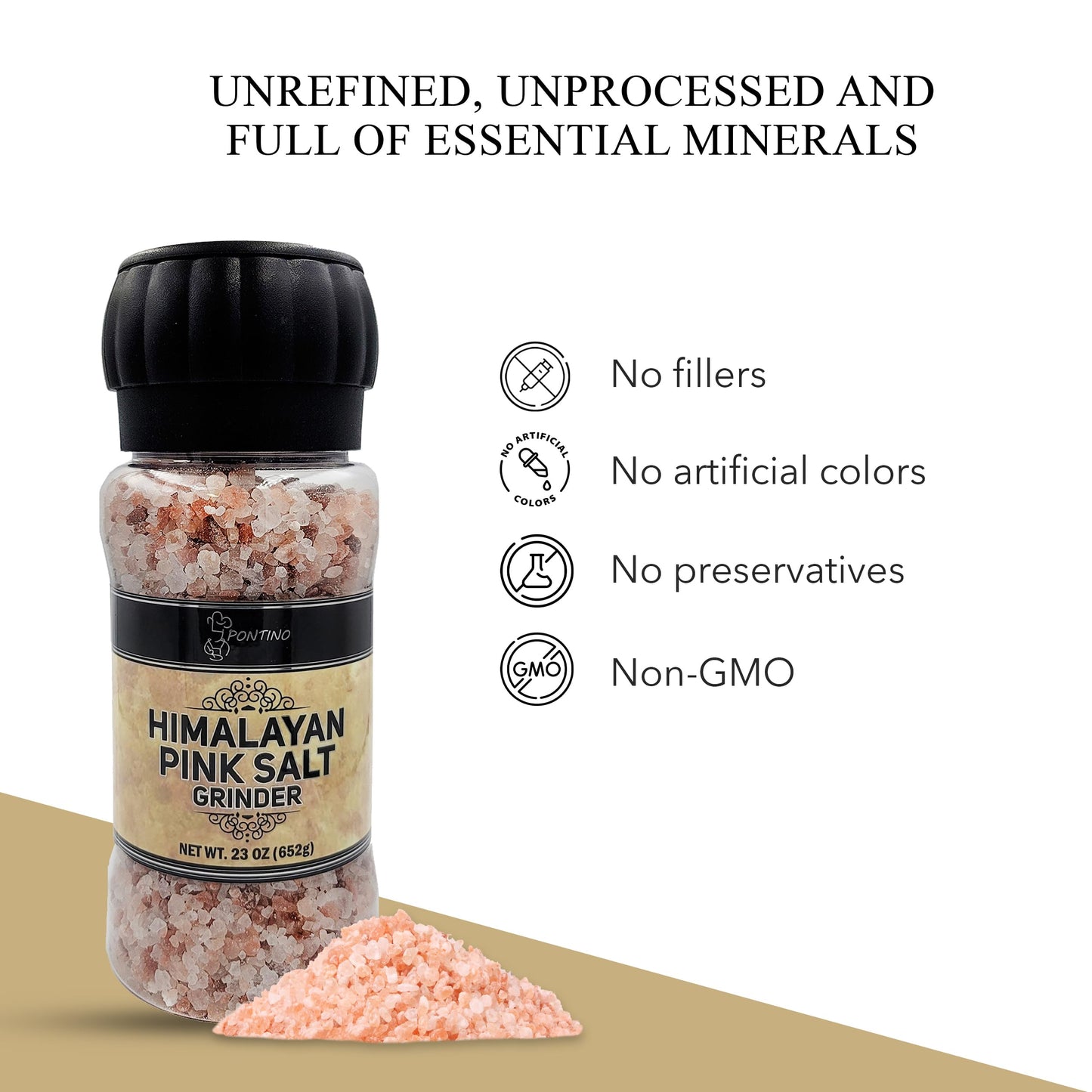 PONTINO Himalayan Pink Salt Grinder 23oz (652g), With Grinder Included Ready To Grind And Use, All Natural, Non-GMO, Packed To Keep It Fresh, Premium Quality