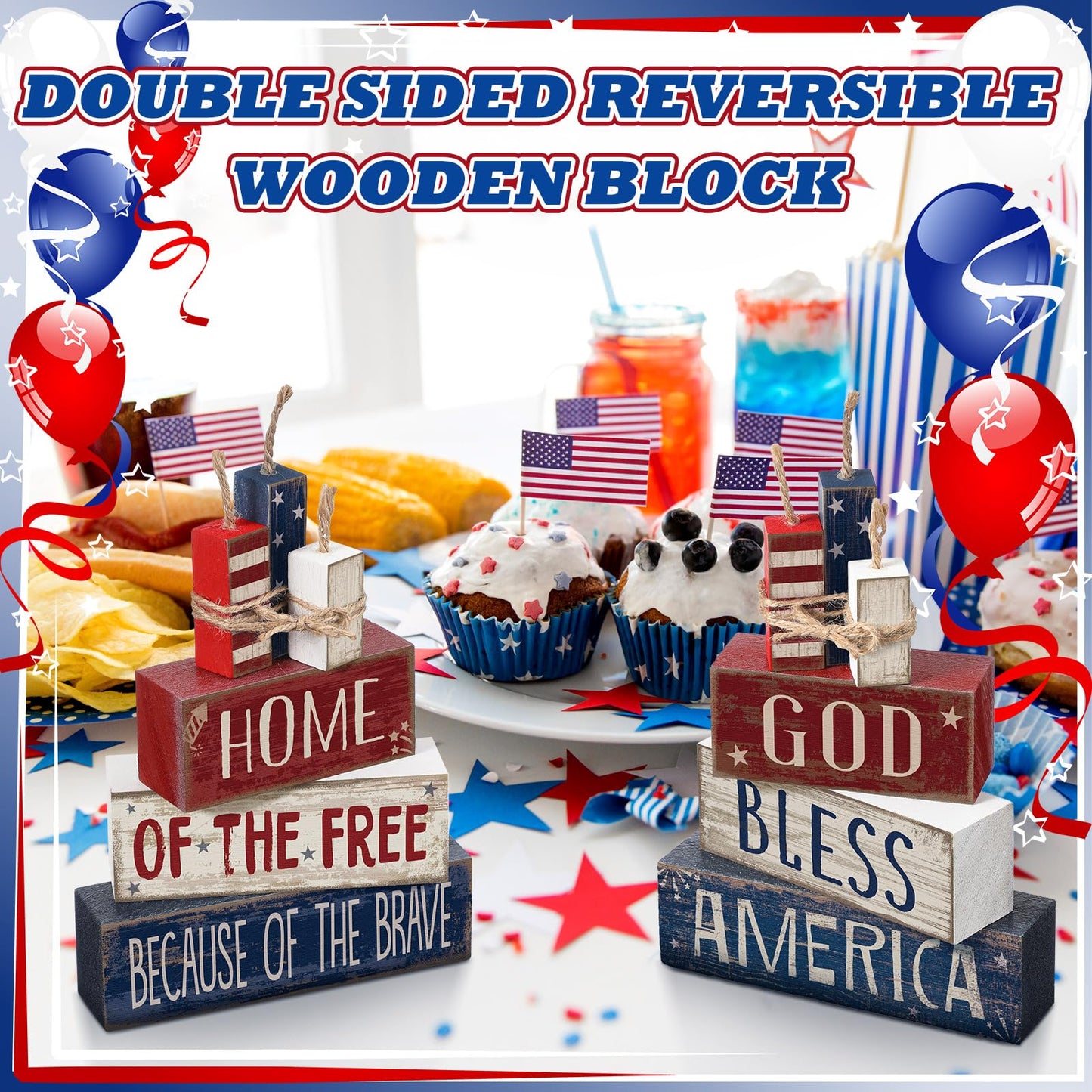 Moucuny 4 Pcs 4th of July Table Decorations Reversible Memorial Day Table Centerpiece Patriotic Fireworks Block Sign with String for 250th Anniversary USA Tiered Tray Home Shelf Decor