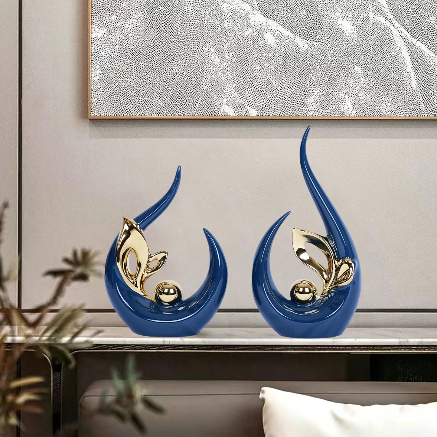 2 PCS Navy Blue and Gold Mid Century Modern Ceramic Statue Sculpture - Home Decor for Living Room, Kitchen, Coffee and Dining Table Centerpieces