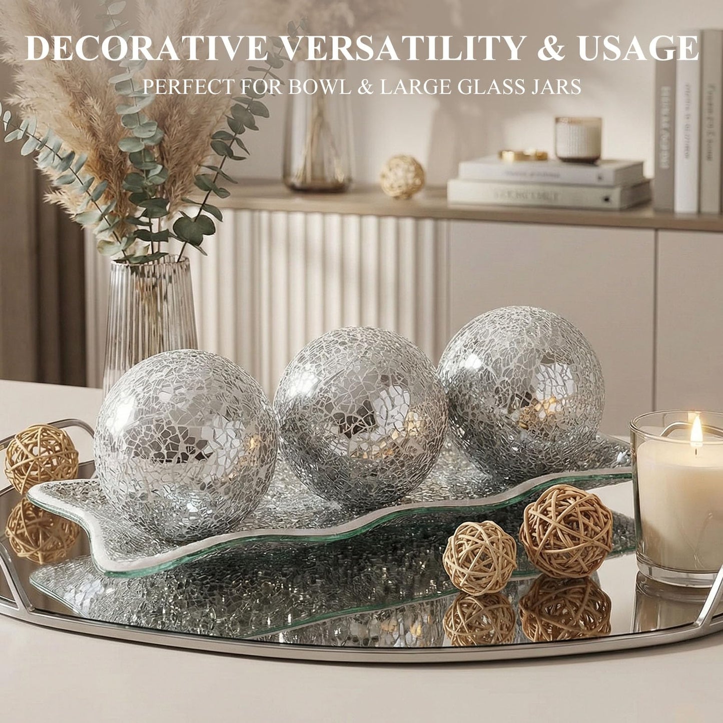 JOHOUSE 3PCS Decorative Balls with Tray, 3 Inch Silver Orbs Glass Balls for Centerpiece Bowls Mosaic Sphere for Home Decoration Dining Table