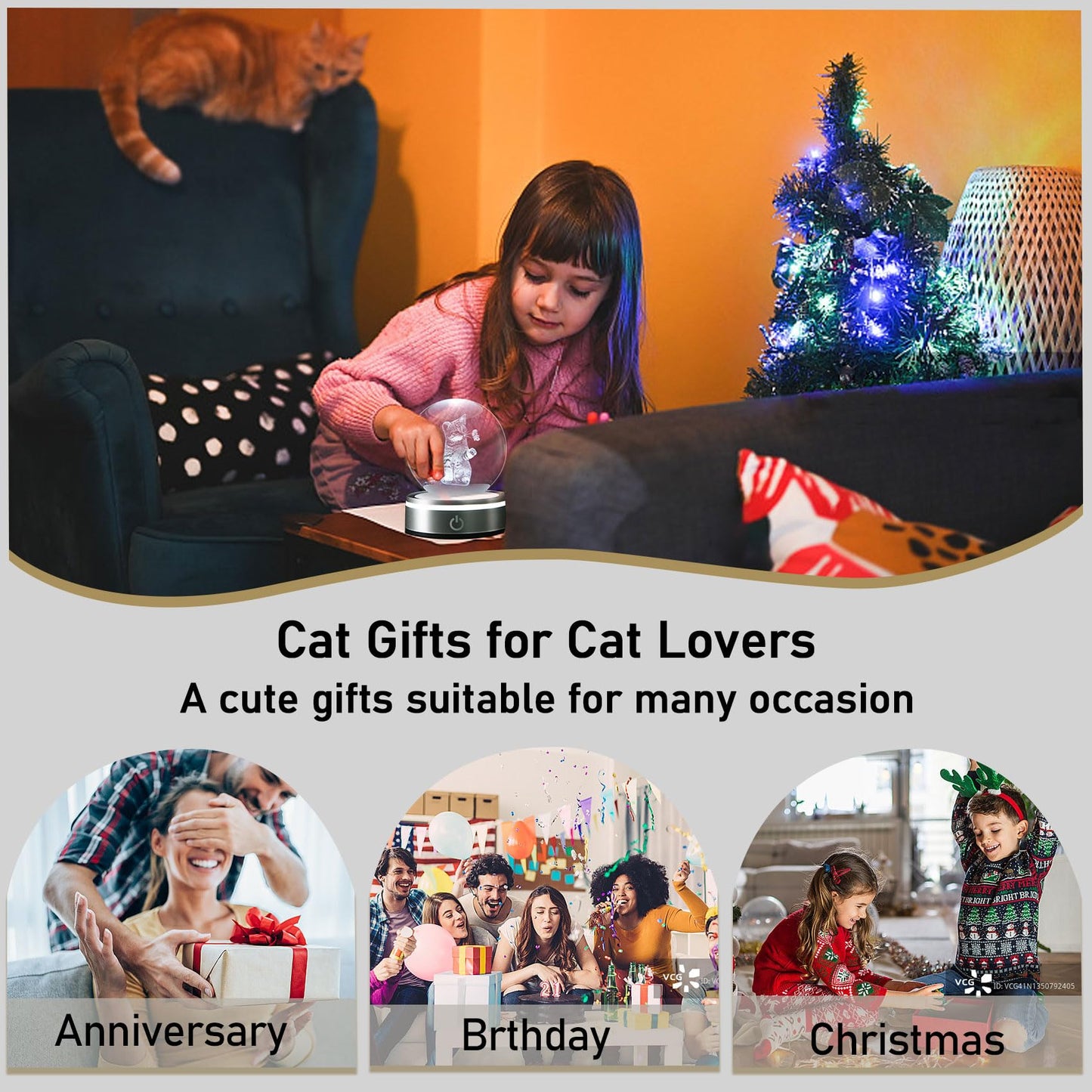 Goutangen 3D Cat Lover Gifts for Women Crystal Ball Cat Figurine with Lamp for Home Decor Snow Globes Cat Theme Gifts for Cat Lovers Girls on Christmas Birthday Anniversary