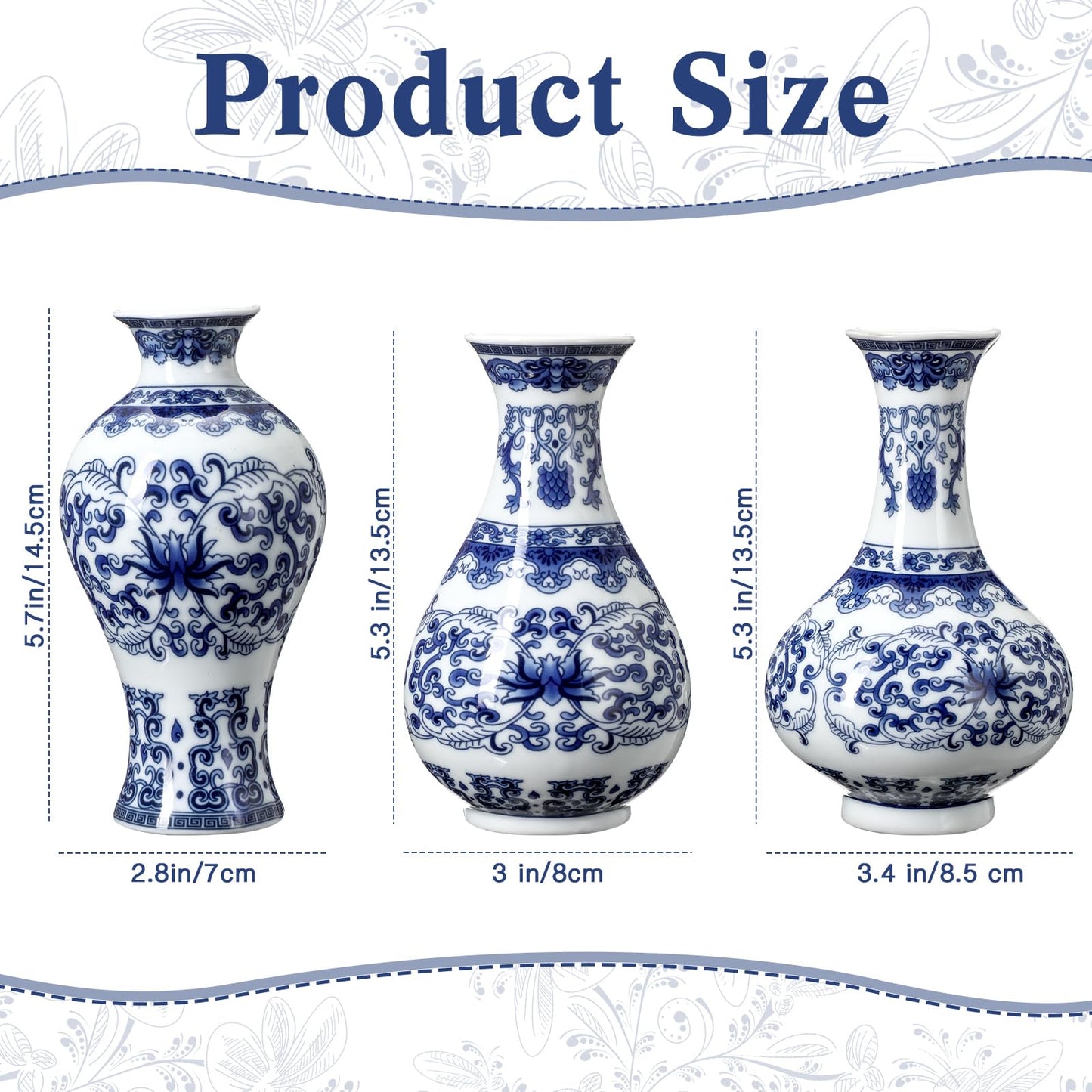 Set of 3 Small Blue and White Chinoiserie Vases Wall Mounted Decorative Ceramic Flower Vases 5.3 Inch 5.7 Inch Classic Vase for Home Decor