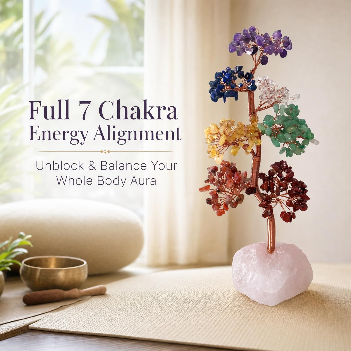 Fatonio Natural 7 Chakra Crystal Money Tree with Raw Rose Quartz Base
