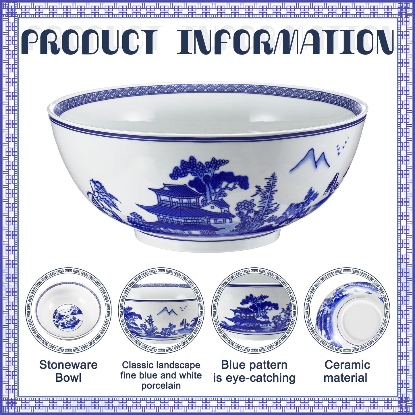 Reallnaive Christmas Chinoiserie Gift Large Salad Serving Bowl Blue and White Porcelain Bowl 9.7" x 4" Chinese Landscape Decorative Ceramic Serving Plate for Kitchen Salad Soup Fruit Home Decoration