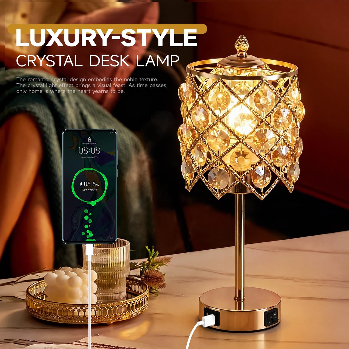WELAISA Crystal Table Lamp, Gold, 3-Way Dimmable