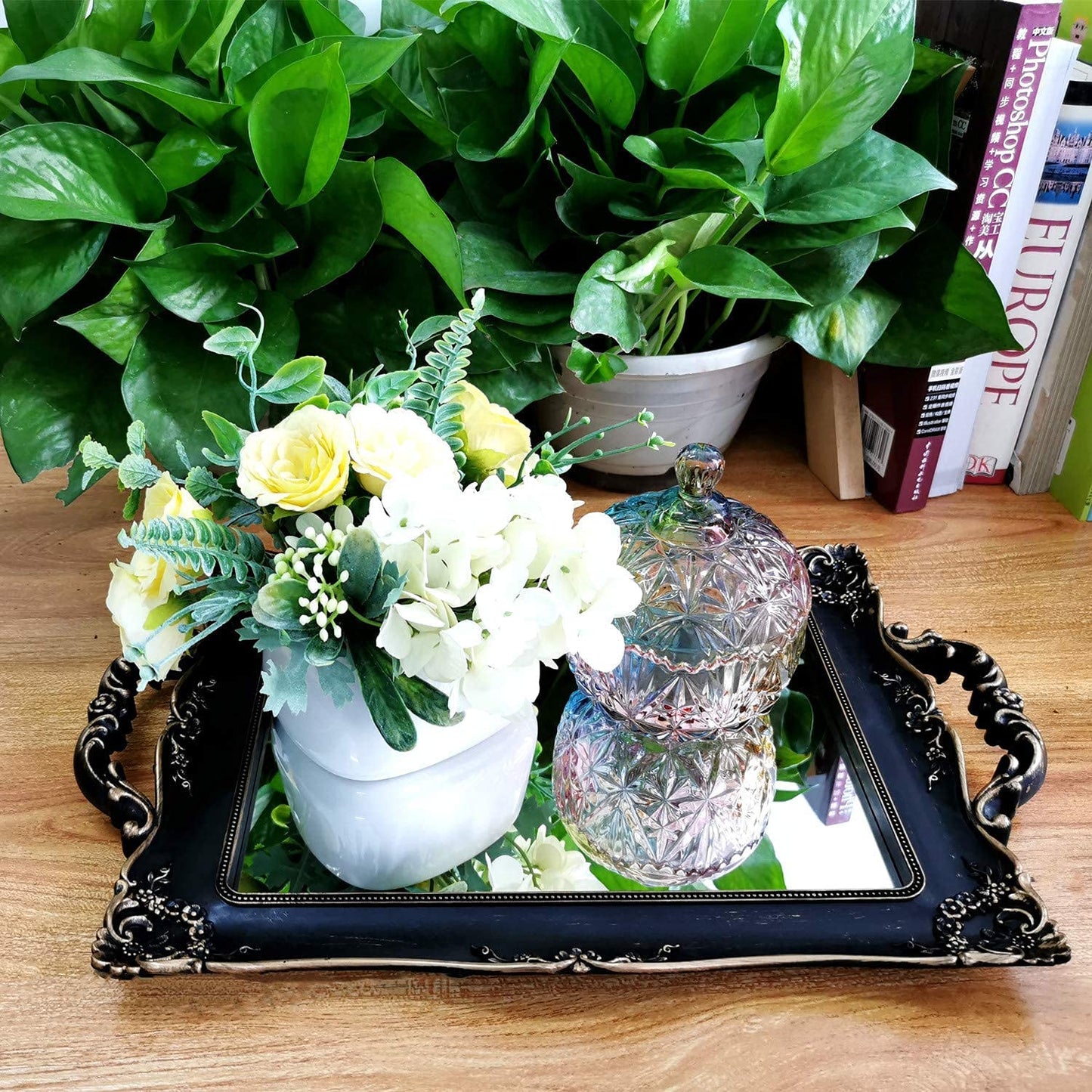 Yamfurga Rectangle Decorative Mirror Tray, French Style, Makeup Organizer, Jewelry Organizer, Serving Tray, 9.5"x 14.9", Silver Black