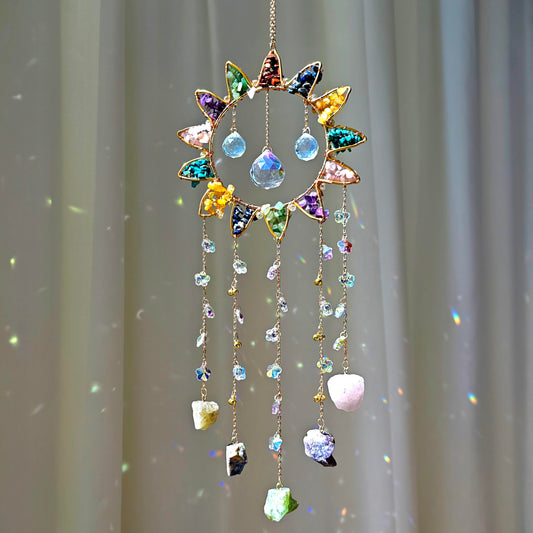 7 Chakra Crystal Sun Catcher Hanging Decor, Rainbow Maker with 3 K9 Crystal Prism Balls & Natural Crystal Stone, Wall and Window Decor Ornament for Home, Bedroom, Balcony, Handmade Gift.