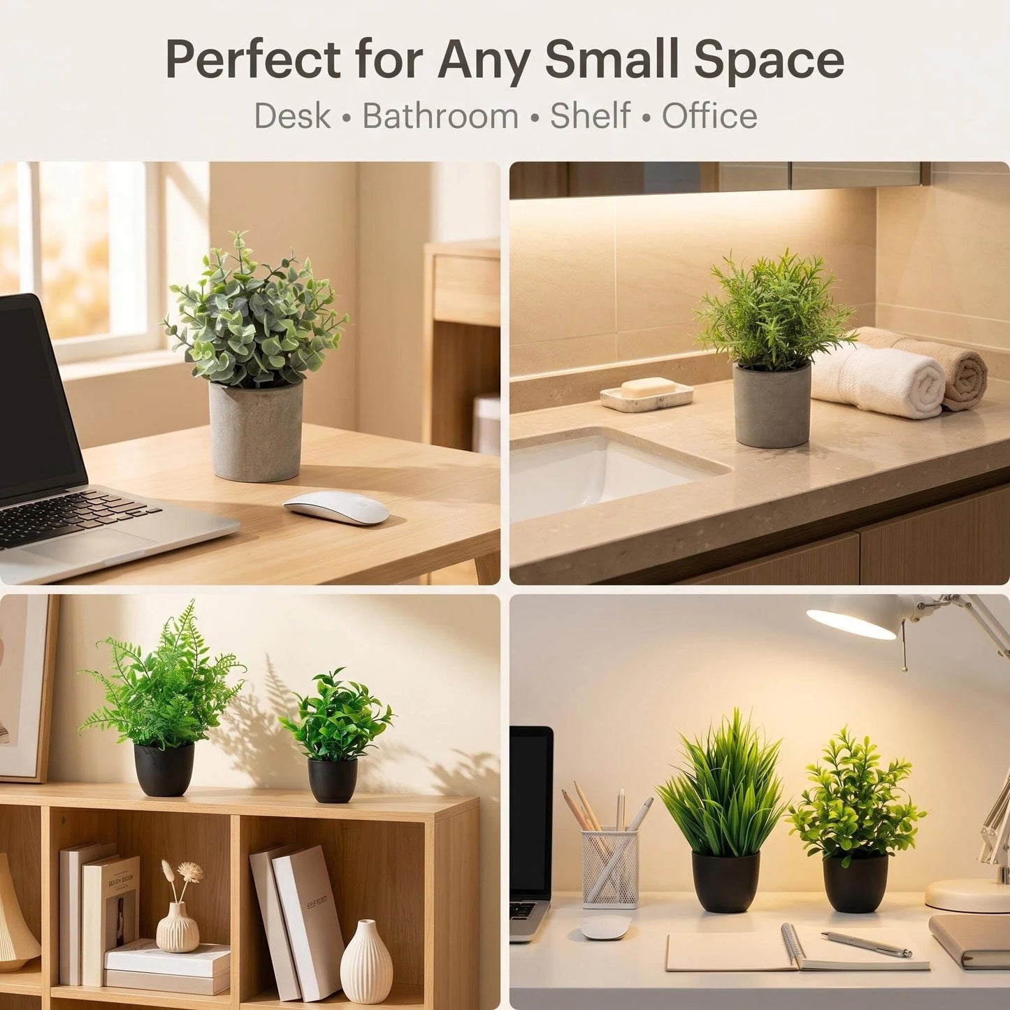 AUUGUU Artificial Potted Plants Faux Greenery in Cement Pots for Shelf, Bookshelf, Office or Home Decor, Small Decorative Fake Plants for Modern Indoor Display