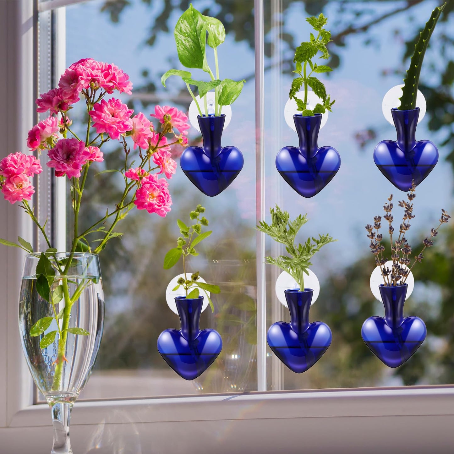 Maxdot 6 Pcs Wall Hanging Window Propagation Stations Glass Heart Plant Vase with Suction Cups Air Plant Terrarium for Hydroponics Home Office Decor (Blue)