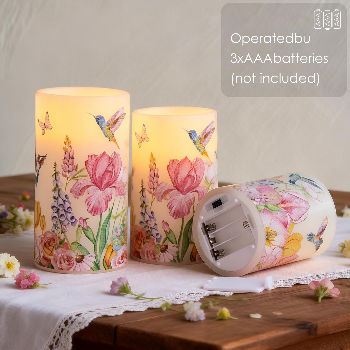 LUSHARBOR Flameless Candles with Remote, Battery Operated Candles Real Wax Hummingbird Flickering LED Candles Floral Christmas Decor Electric Pillar Candles Set of 3