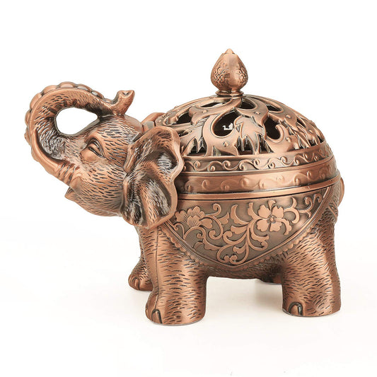 K COOL Alloy Incense Holder Stand Elephant Cone Coil Incense Burner Ash Catcher with Lid, Aromatherapy Ornament Home Decoration for Indoor Outdoor (Red Copper)