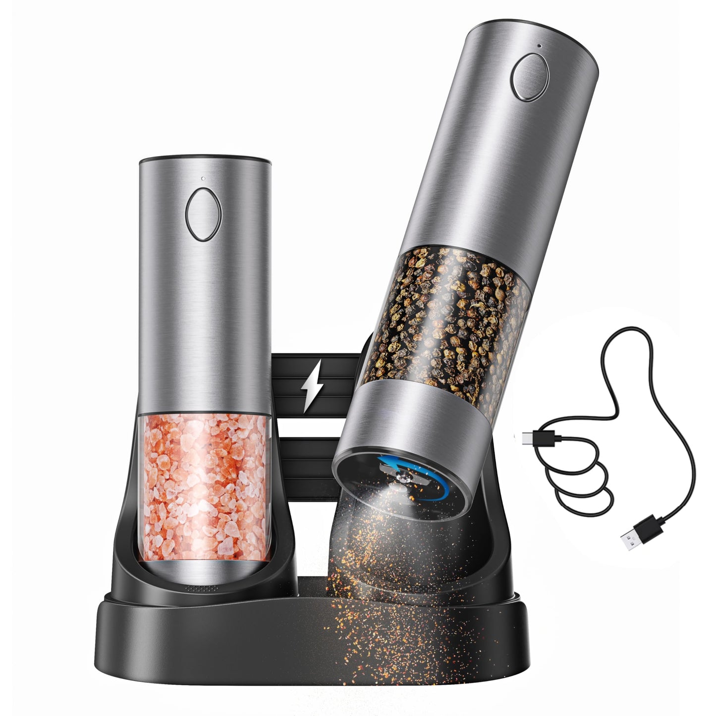 Electric Rechargeable Salt and Pepper Grinder Set - USB-C Charging Base, Large Capacity 100ml, Adjustable Coarseness, Stainless Steel Automatic (2 Pack)