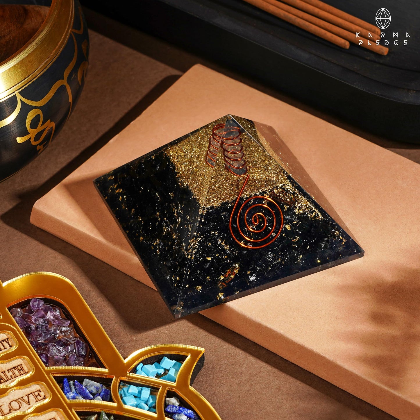 Chakra Healing Crystal Pyramid, Unique Birthday Gifts for Womens, Mom, Love One, Black Tourmaline Orgonite Orgone Pyramid for Meditation, Balance, Positive Energy, Success, Office Desk Decor
