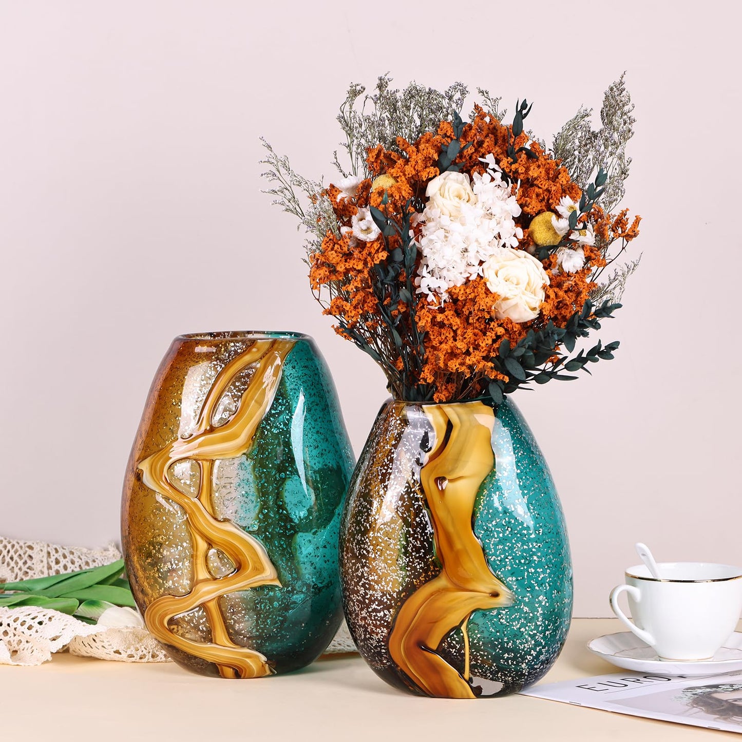PlivBloom Teal Glass Vase,Hand Blown Green Glass Flower Vases Bulk,Murano Glass Vases,Unique Table Glass Decor, Flowers with Vase Decorative,Teal Vase Decor,for Bookshelf,Living Room,Office,Gift (S)