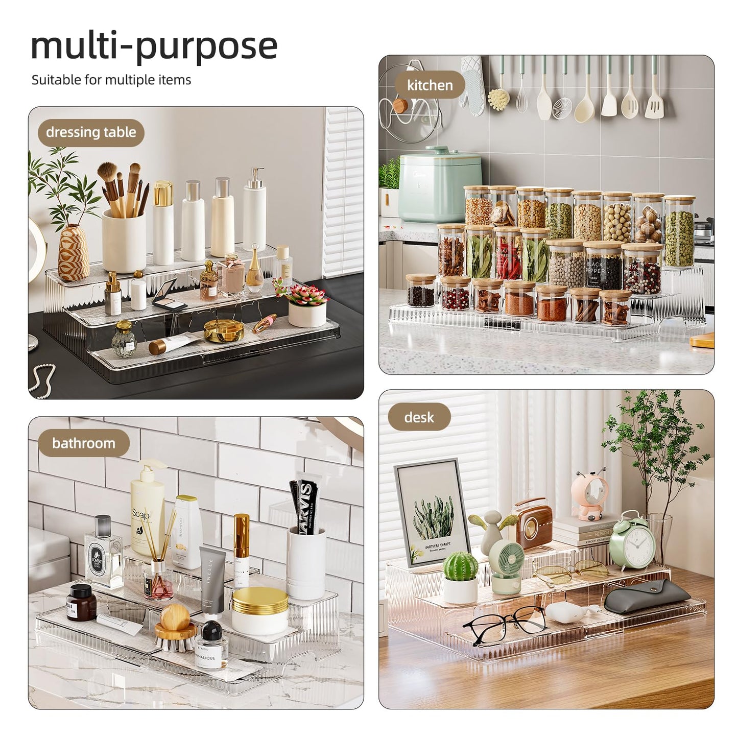 MSHOMELY 3-Tier Expandable Clear Spice Rack Organizer 2 Pack Adjustable Tiered Seasoning Shelf with Non-Slip Textured Surface, Multi-Purpose Cabinet Organizer for Kitchen Pantry Countertop Vanity