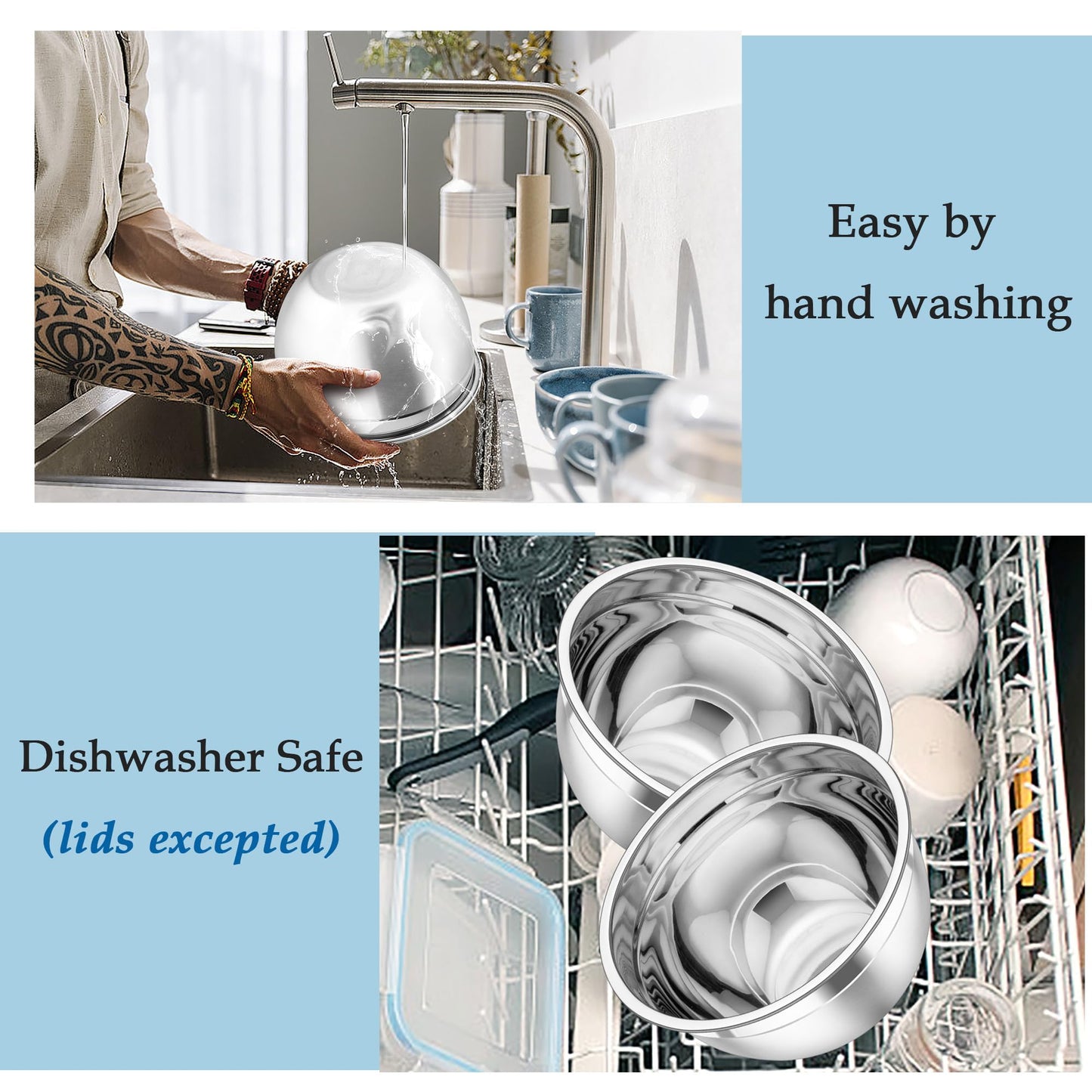 TeamFar Mixing Bowls, Stainless Steel Nesting Salad Bowls with Lids Set of 3 & 3 Grater Attachments, For Mixing/Serving/Storing, Non-toxic & Long-lasting, Size 4.6/3 / 1.5 QT, Black