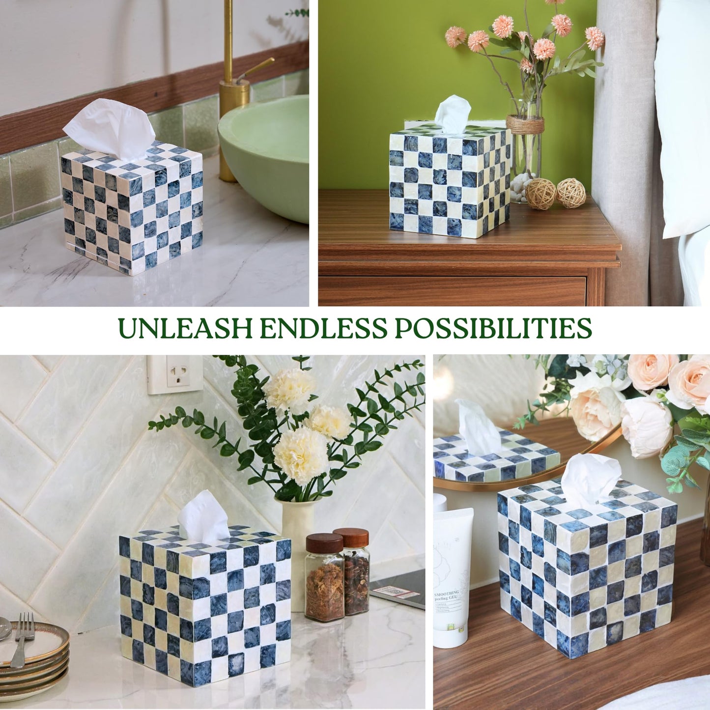 CHI AN HOME 5.5" Square Tissue Box Cover, Handmade Checkered Cube Tissue Box Cover with Capiz Shells, Decorative Mother of Pearl Tissue Holder for Living Room, Bathroom, Bedroom or Office (Navy Blue)