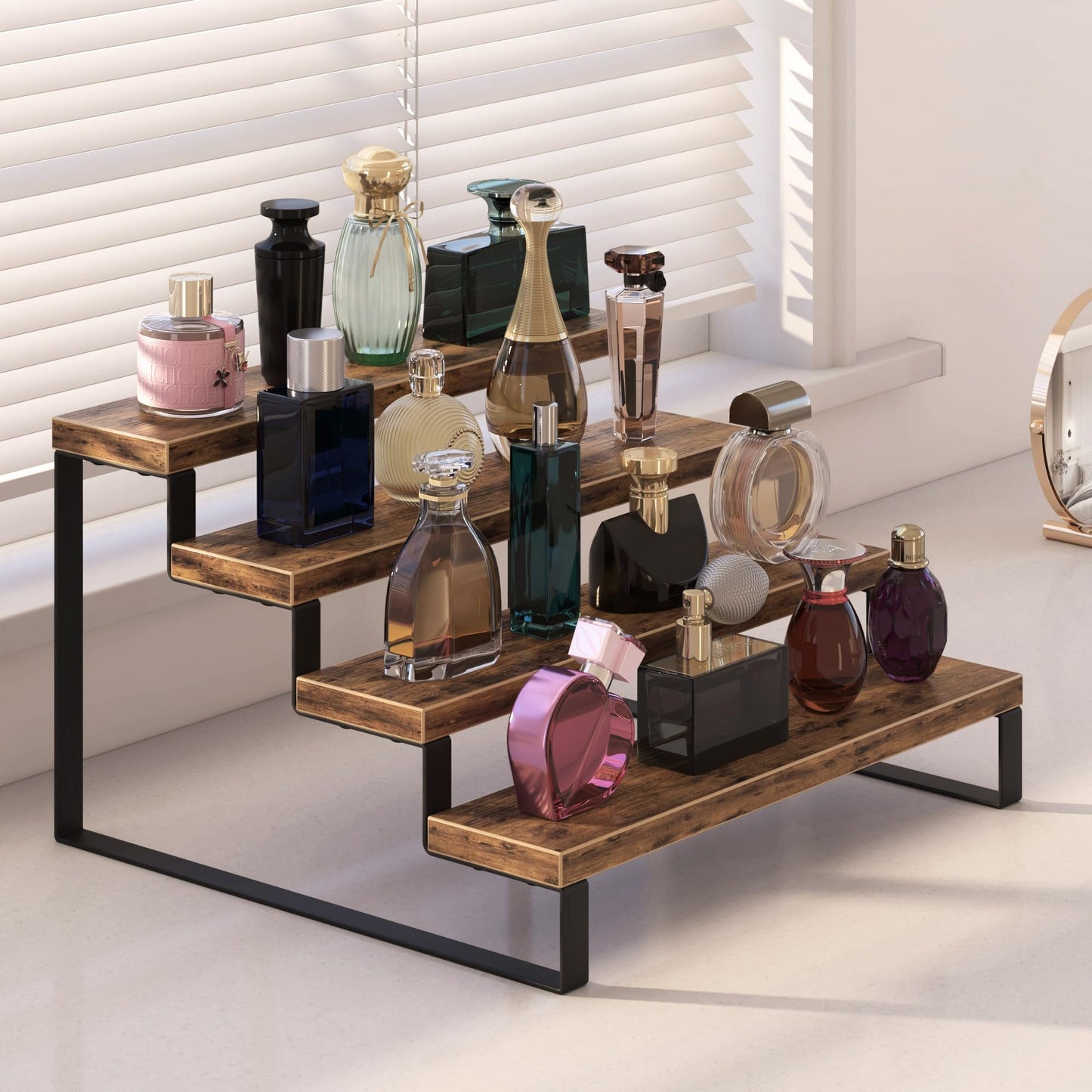 Wood Display Risers, 4 Tier 13.4IN Perfume Organizer Shelf with Metal Legs, Large Wooden Cupcake Stand Holder, Display Shelf Stand for Figures, Party, Makeup, Dessert Shelves for Party, Rustic Brown