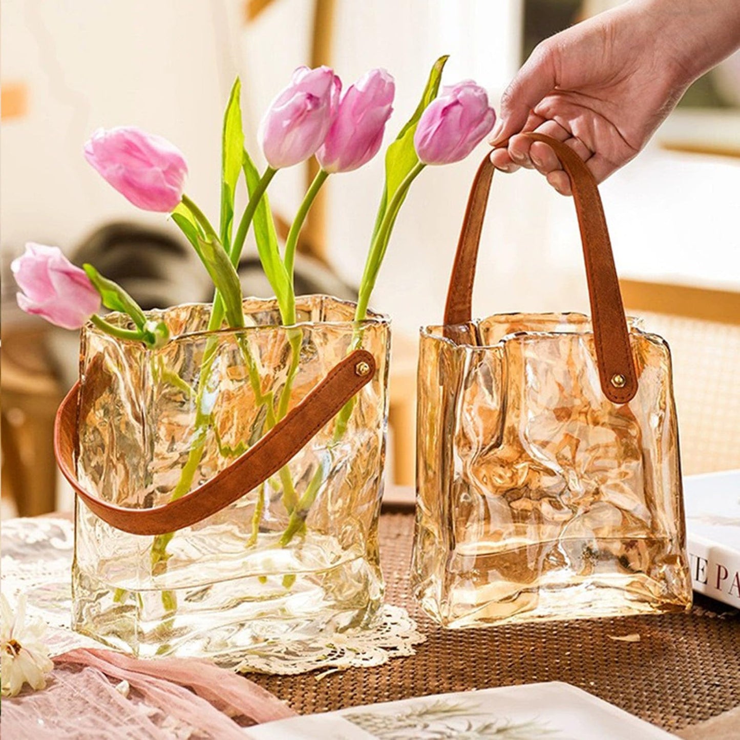 Handmade Leather - Handle Handbag - Style Glass Vase - Simple Elegance for Your Space(Amber)