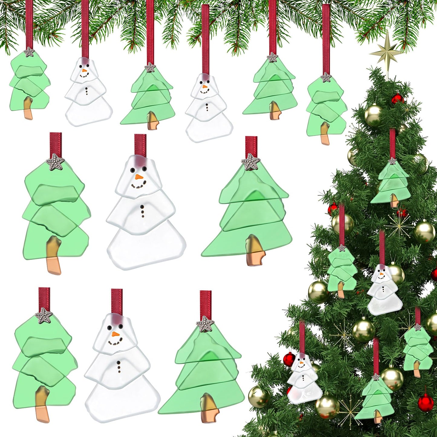 Zhehao 6 Pcs Christmas Tree Ornaments Sea Glass Christmas Tree and Sea Glass Snowman Crystal Xmas Craft Hanging Decoration Ocean Beach Seaglass Ornament Set for Xmas Party Home Decor