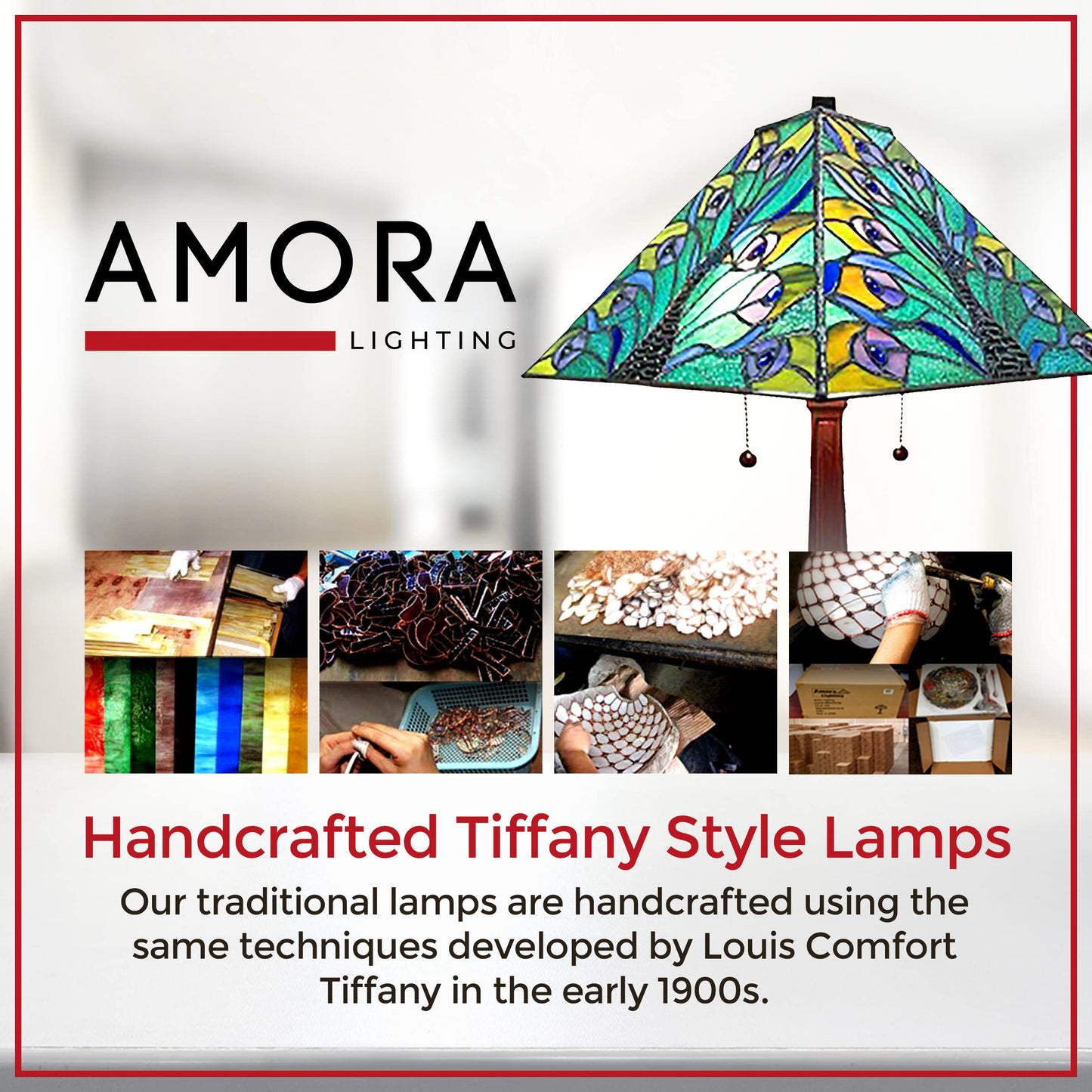 Amora Vintage Tiffany Table Lamp - Peacock Table Night Light - Turquoise Glass Nightstand Lamp - 23” Tall Stained Glass Lamp