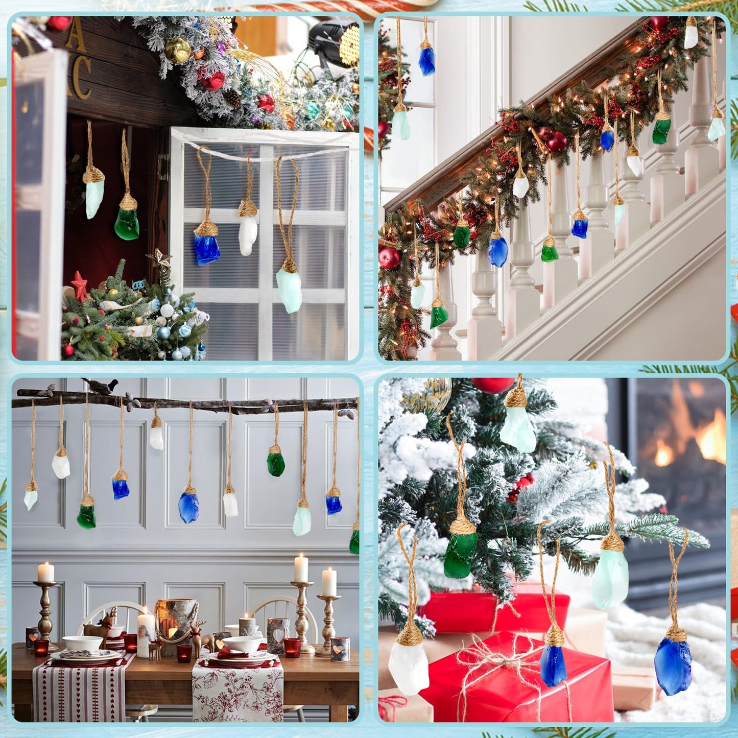 24Pcs Handmade Christmas Sea Glass Block Ornament Pendant, Sea Glass Crafts Coastal Decorative, Beach Seaglass Hanging Ornament Sets for Christmas Tree, Centerpiece, Home Decor Beach Weddings and More