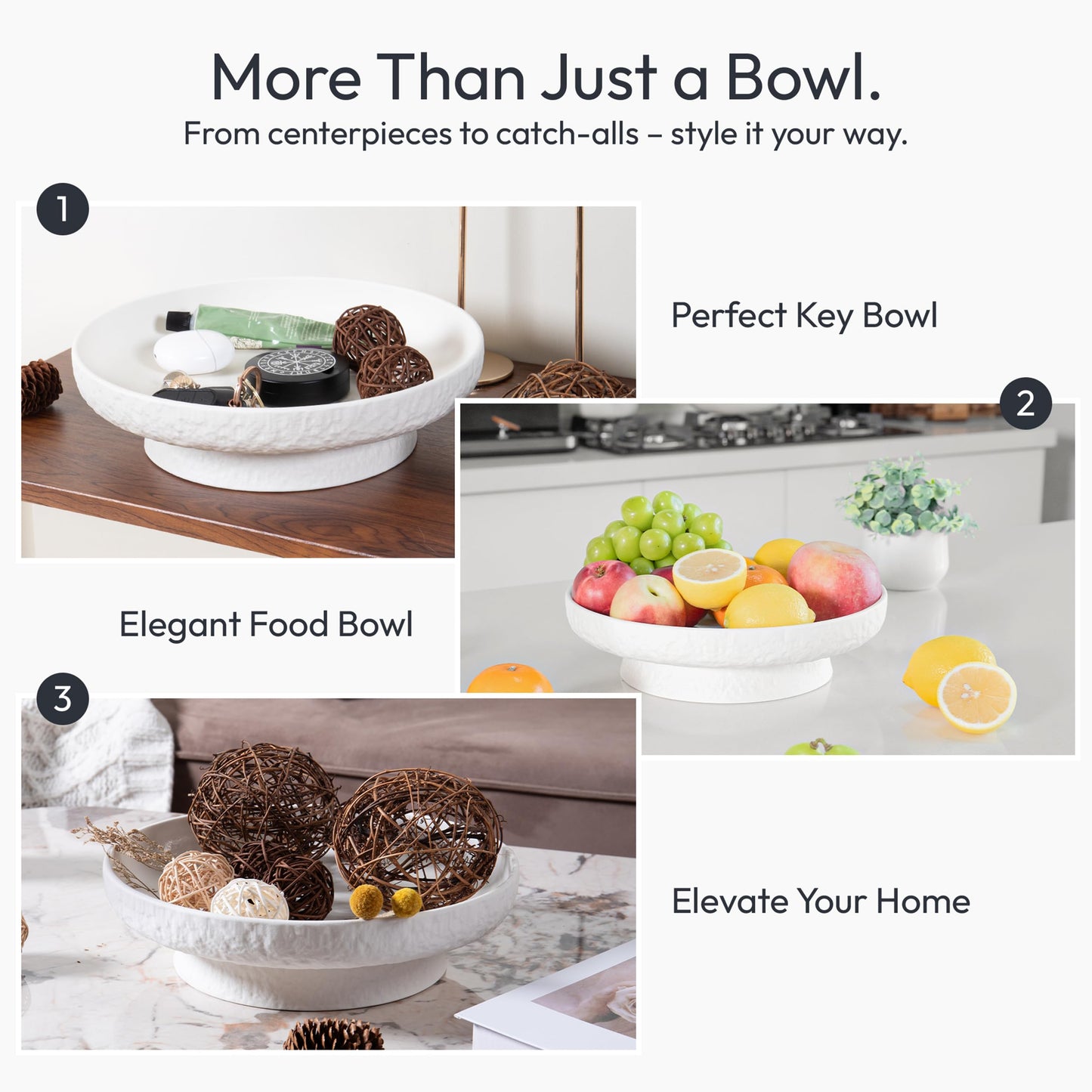 DeNestora Granite Inspired Matte White Fruit Bowl | Wide, Shallow Textured Pedestal Bowl | 11 Inch Unique Centerpiece for Table or Decor for Entryway Table