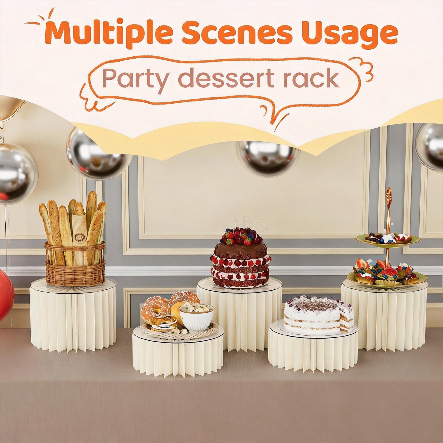 HeiMma 4 Pack Buffet Risers, FOLDABLE Accordion Food Display Risers for Dessert Table,Dessert Table Display Set, White Cardboard Cylinder Cake Cupcake Stands for Party, Multi-height, 12in Round