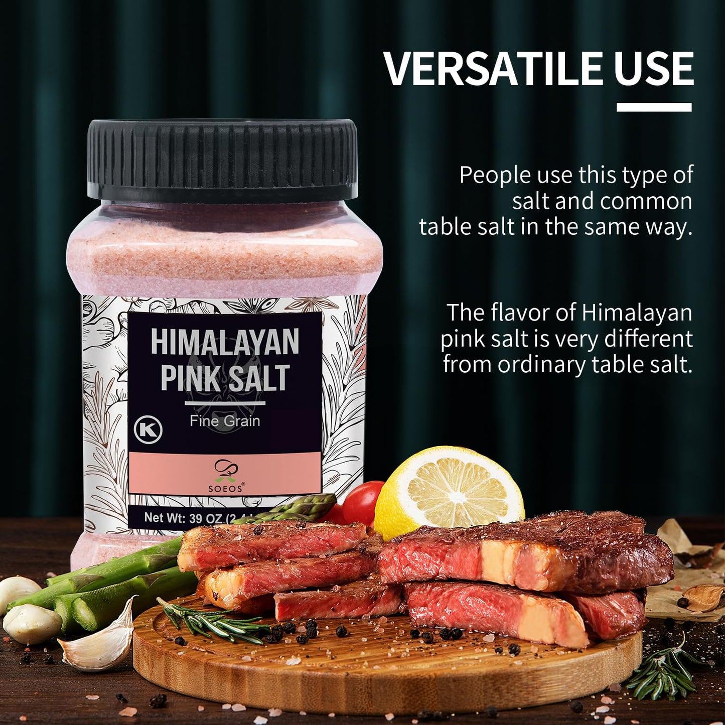 Soeos Himalayan Pink Salt,Fine Grain,39oz (2.4 LB),Non-GMO Himalayan Salt,Kosher-Salt,Pink-Himalayan Sea-Salt,(Pack of 2)