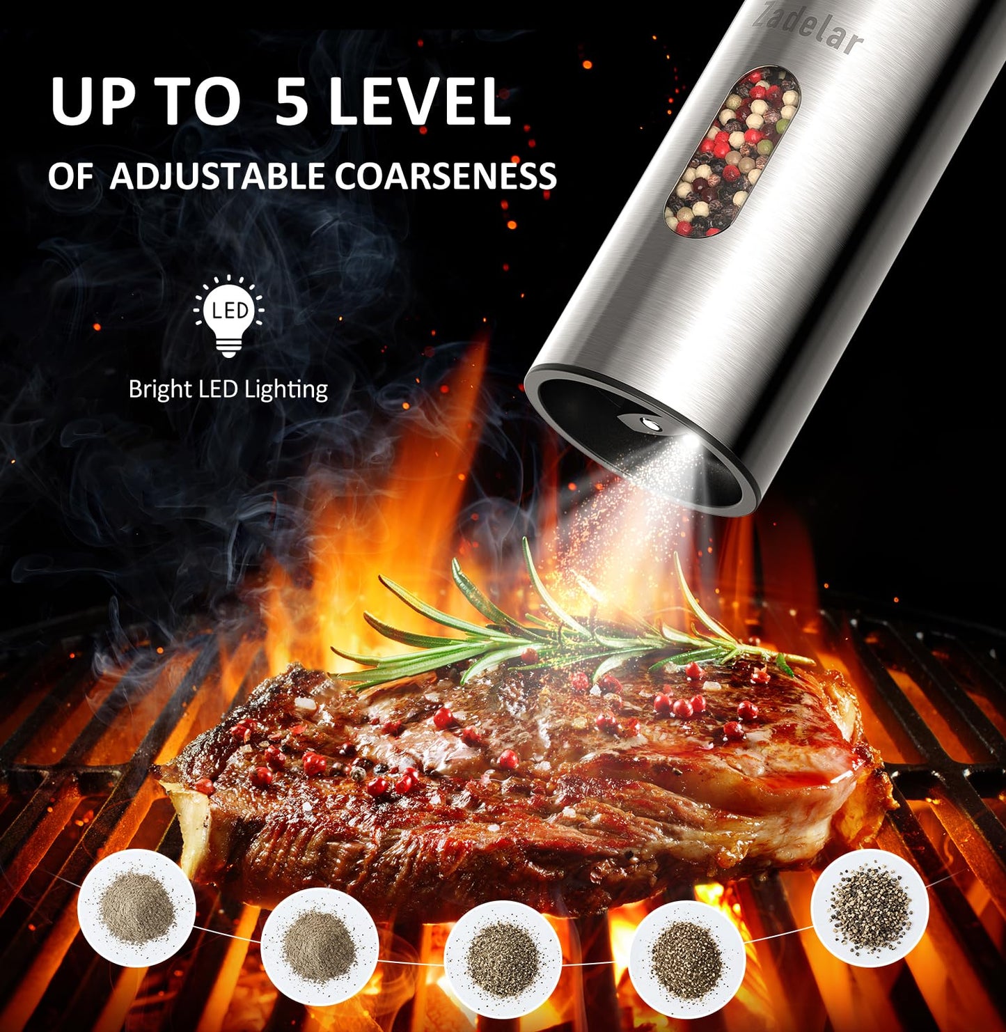Zadelar Rechargeable Electric Salt and Pepper Grinder Set with USB-C Charging Base, Stainless Steel Automatic Salt and Pepper Shakers, Adjustable Coarseness, LED Light, Large Capacity, Kitchen Gift