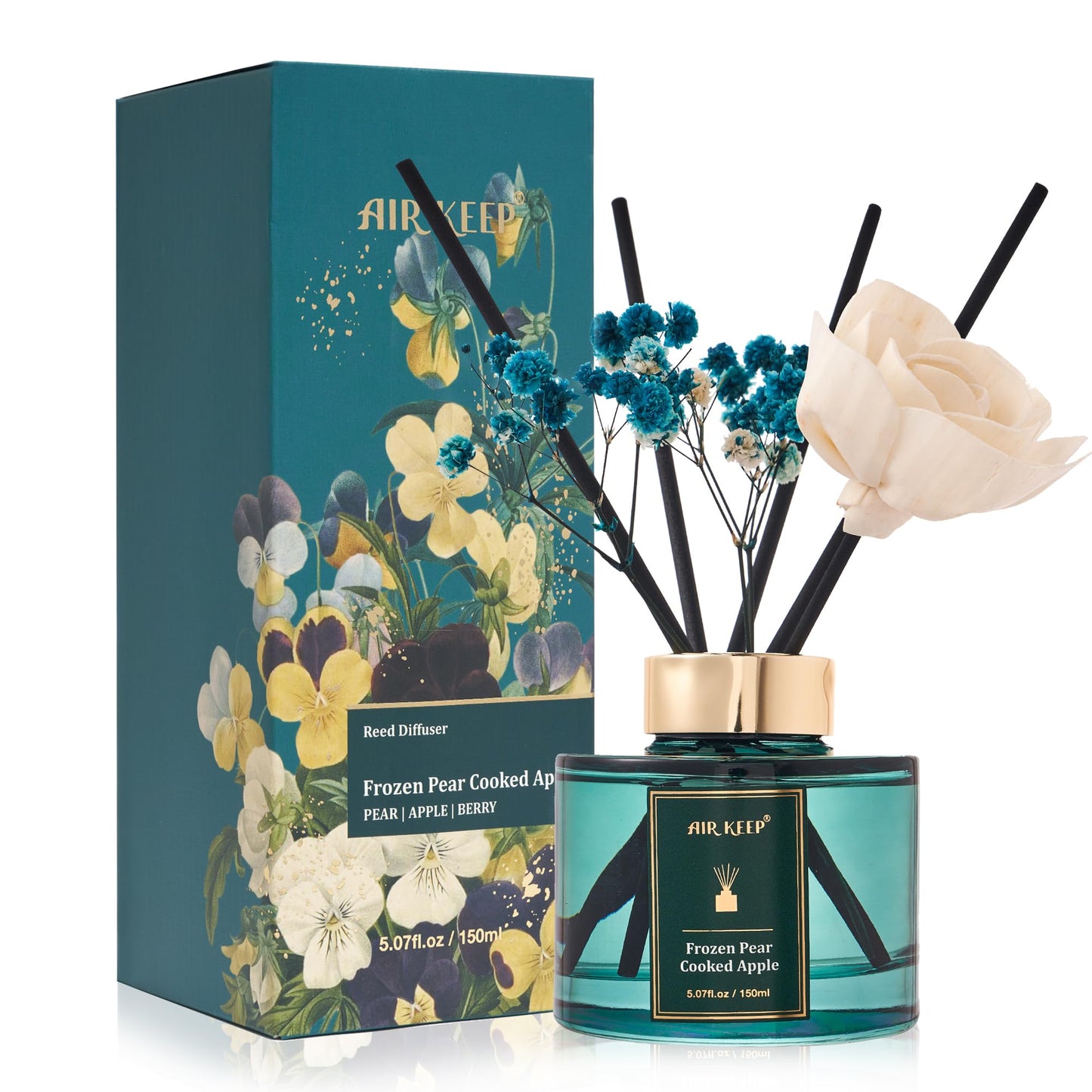 Airkeep Flower Reed Diffusers Set, 5.07 oz Pear/Apple/Berry Scented Oil Diffuser with 8 Reed Sticks, Home Fragrance Diffuser Gift Set for Bathroom & Office Decor 150ml