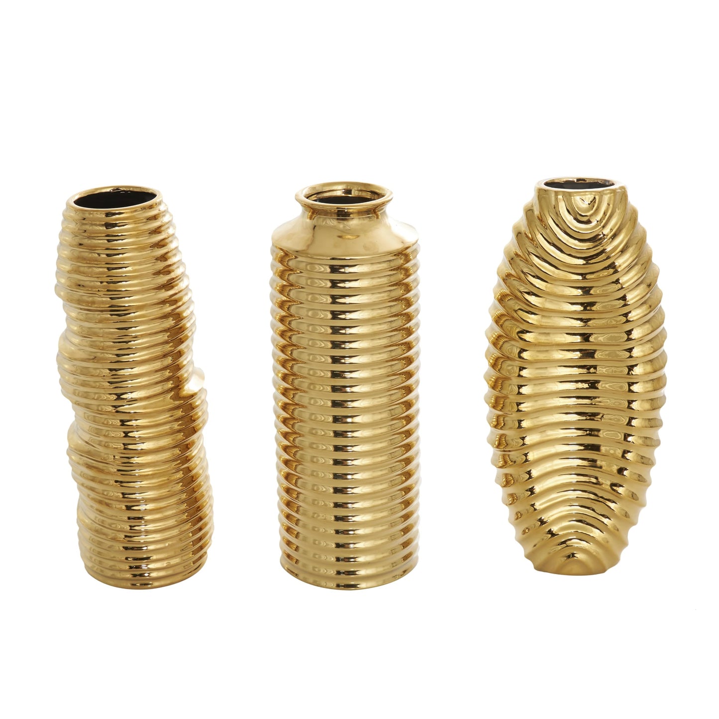 Deco 79 Ceramic Decorative Vase Dimensional Ribbed Centerpiece Vases with Varying Shapes, Set of 3 Flower Vases for Home Decoration 4" W, 11" H, Gold