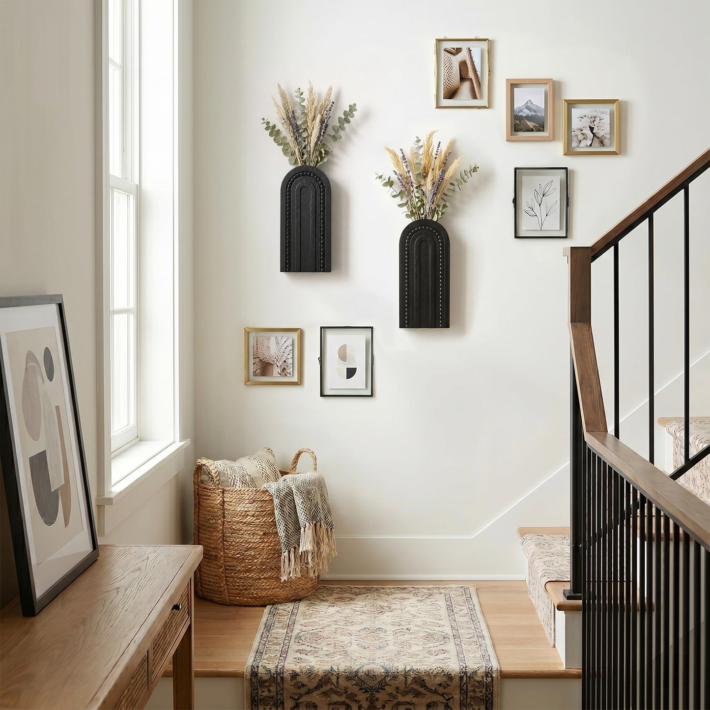 2 Pack Black Wooden Wall Vase Set, Beaded Arch Boho Hanging Wall Planters