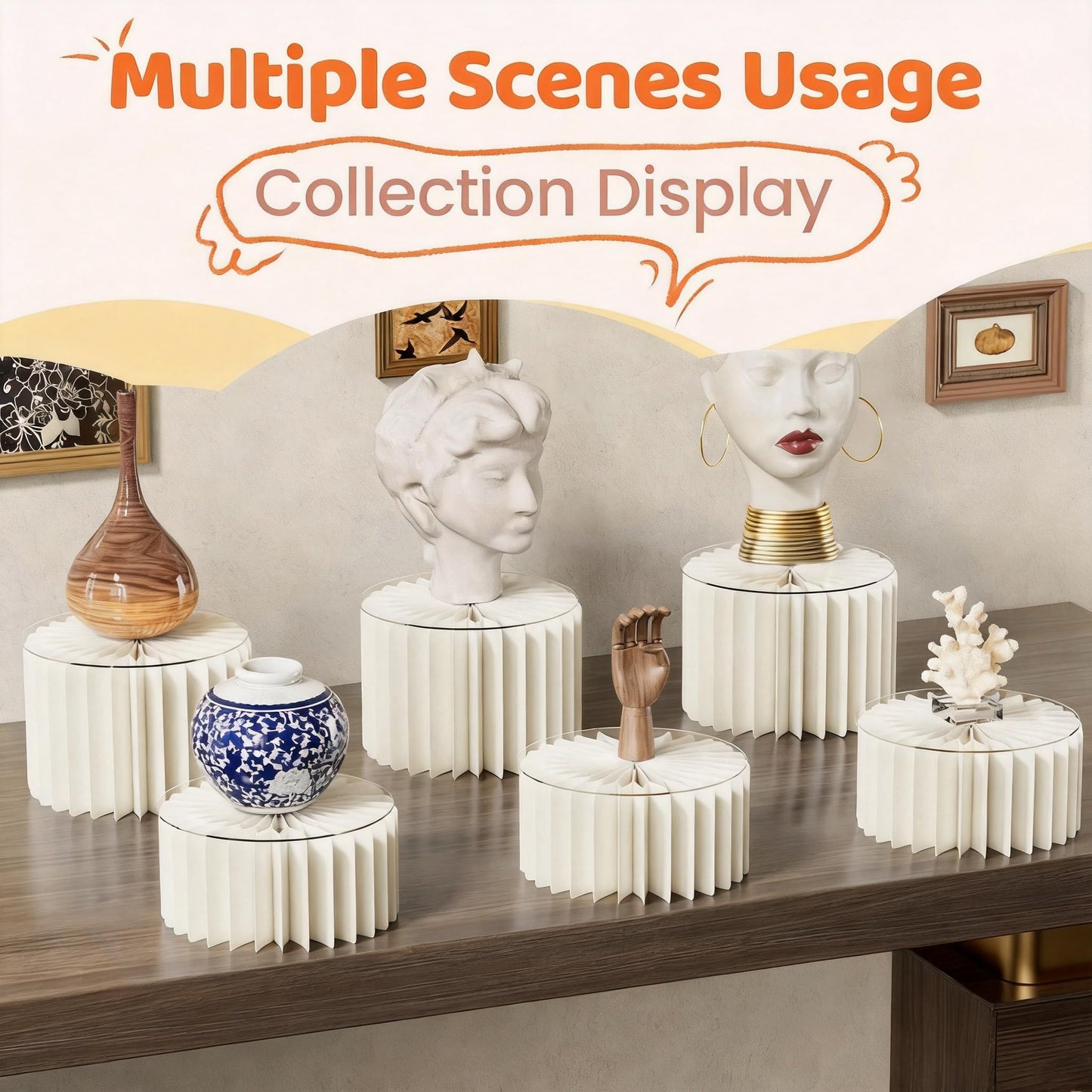 HeiMma 4 Pack Buffet Risers, FOLDABLE Accordion Food Display Risers for Dessert Table,Dessert Table Display Set, White Cardboard Cylinder Cake Cupcake Stands for Party, Multi-height, 12in Round