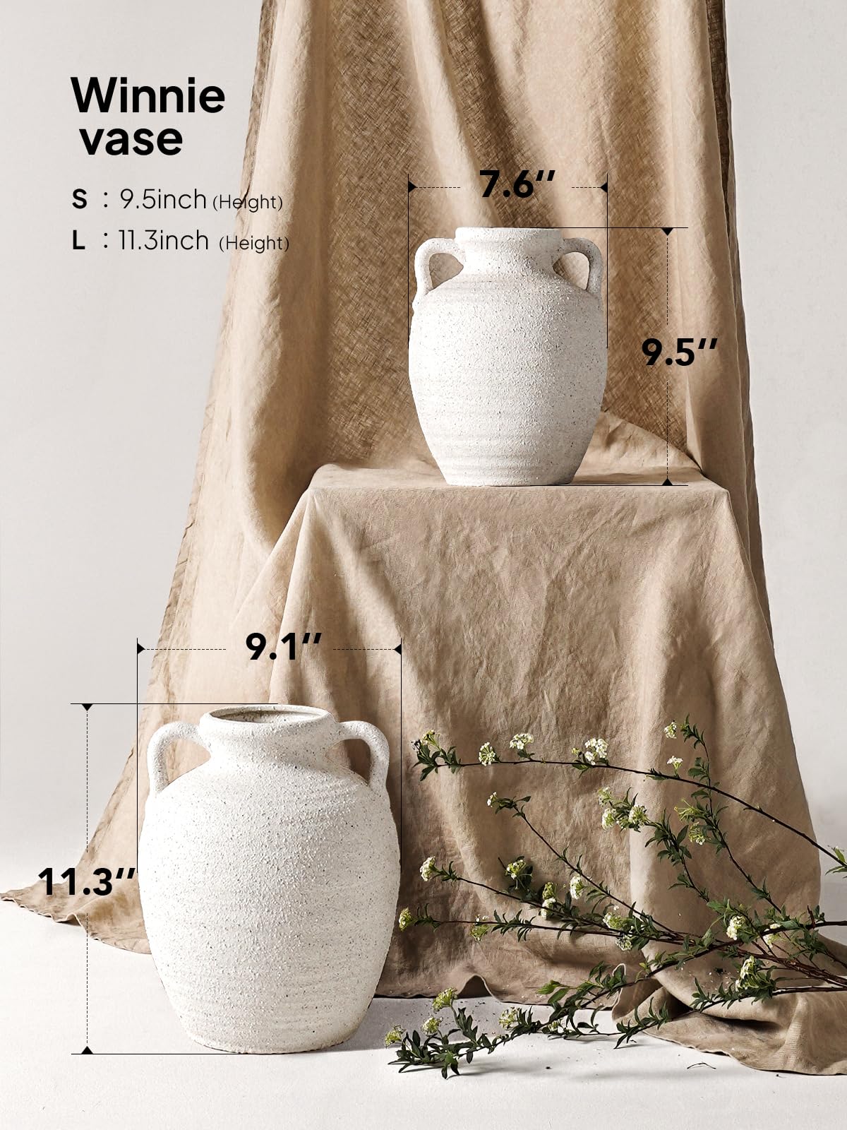 White Ceramic Vase with Handles, 9.5" Large Farmhouse Flower Vase - Rustic Centerpiece for Living Room, Bookshelf, Mantel, Entryway, Table & Wedding Home Decor (Rock Sand White)